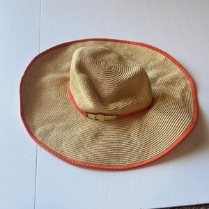Calvin Klein‎ Woman’s Gold Belt Wrapped Wide Brim Floppy Hat with Orange Trim